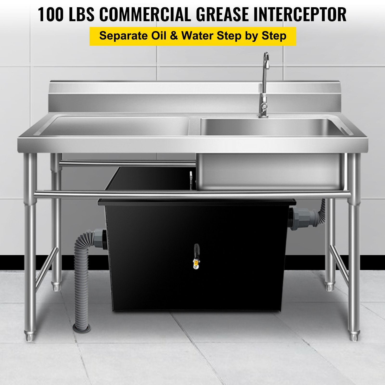Interceptor de grasa comercial VEVOR, capacidad de 100 lb, trampa de grasa debajo del fregadero con caudal de 50 GPM, acero al carbono revestido con entrada de agua lateral, para cocina de restaurante, fábrica, color negro