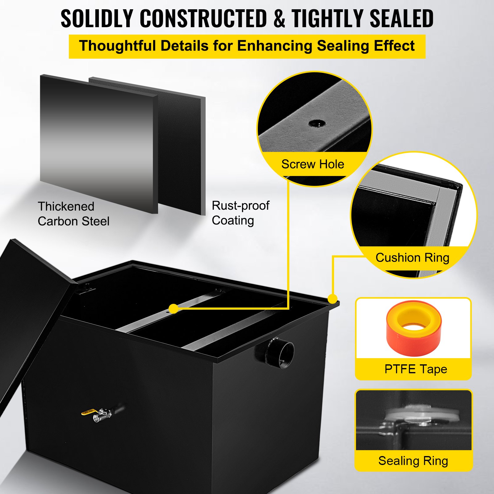 Interceptor de grasa comercial VEVOR, capacidad de 100 lb, trampa de grasa debajo del fregadero con caudal de 50 GPM, acero al carbono revestido con entrada de agua lateral, para cocina de restaurante, fábrica, color negro