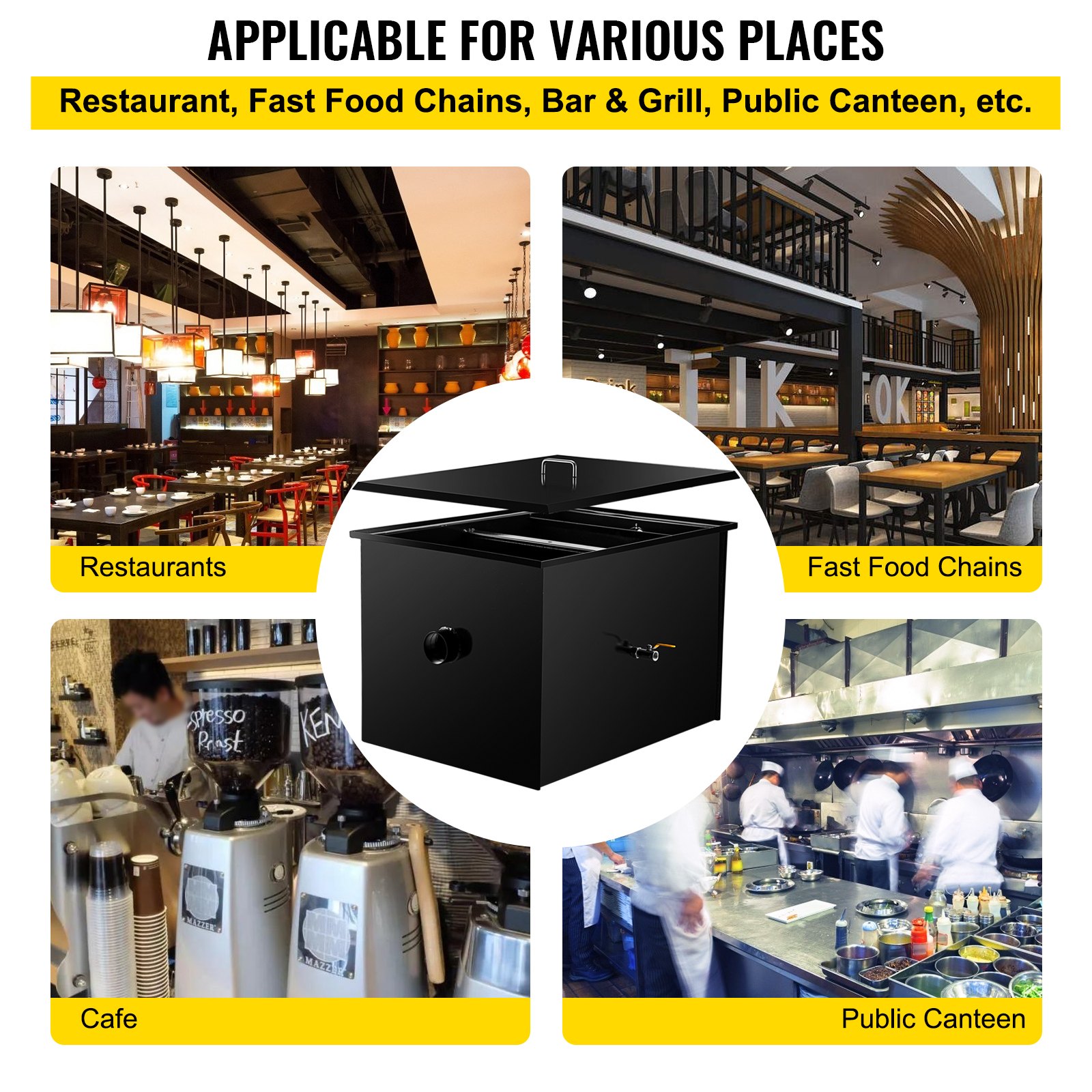 Interceptor de grasa comercial VEVOR, capacidad de 100 lb, trampa de grasa debajo del fregadero con caudal de 50 GPM, acero al carbono revestido con entrada de agua lateral, para cocina de restaurante, fábrica, color negro