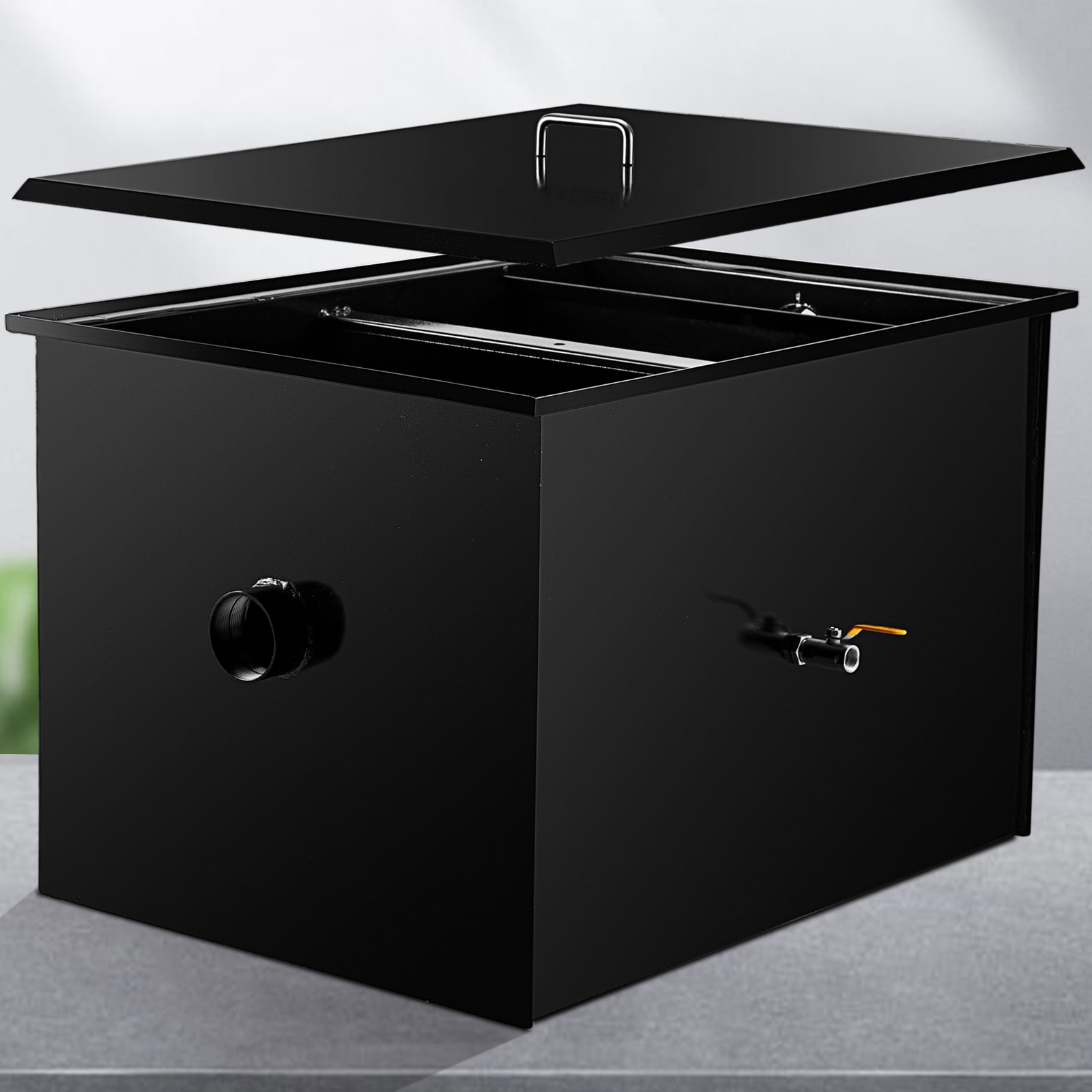 Interceptor de grasa comercial VEVOR, capacidad de 100 lb, trampa de grasa debajo del fregadero con caudal de 50 GPM, acero al carbono revestido con entrada de agua lateral, para cocina de restaurante, fábrica, color negro