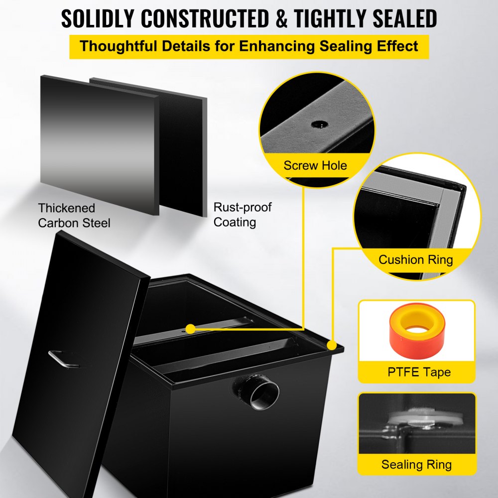 VEVOR Interceptor de grasa comercial 20 LB, trampa de grasa de acero al carbono 10 GPM, trampa interceptora de grasa con entrada de agua lateral, trampa de grasa debajo del fregadero para restaurante, cantina, fábrica, cocina casera