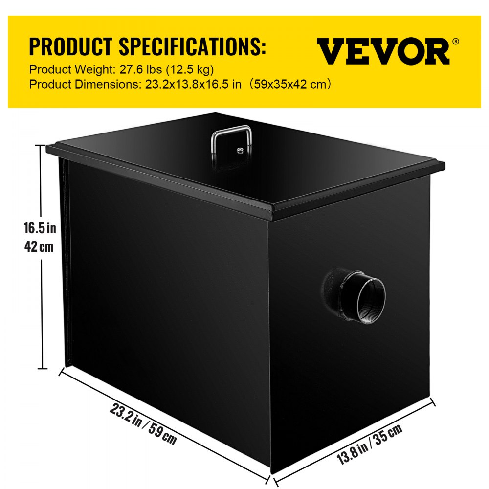 VEVOR Interceptor de grasa comercial 20 LB, trampa de grasa de acero al carbono 10 GPM, trampa interceptora de grasa con entrada de agua lateral, trampa de grasa debajo del fregadero para restaurante, cantina, fábrica, cocina casera