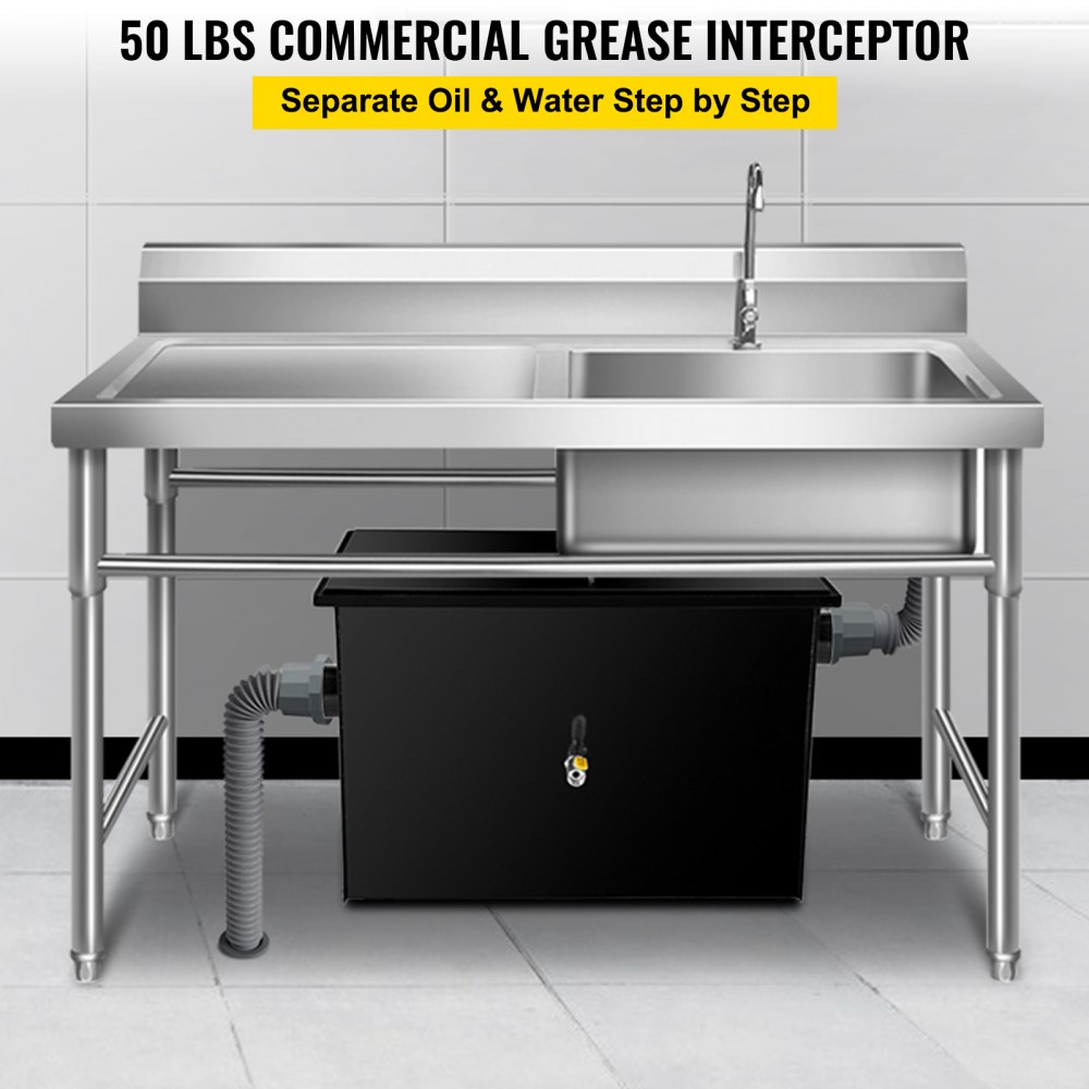 Separador de grasa comercial VEVOR de 25 GPM, 50 lb, de acero al carbono, con entrada de agua lateral. Ideal para instalar debajo del fregadero en restaurantes, fábricas y cocinas domésticas.