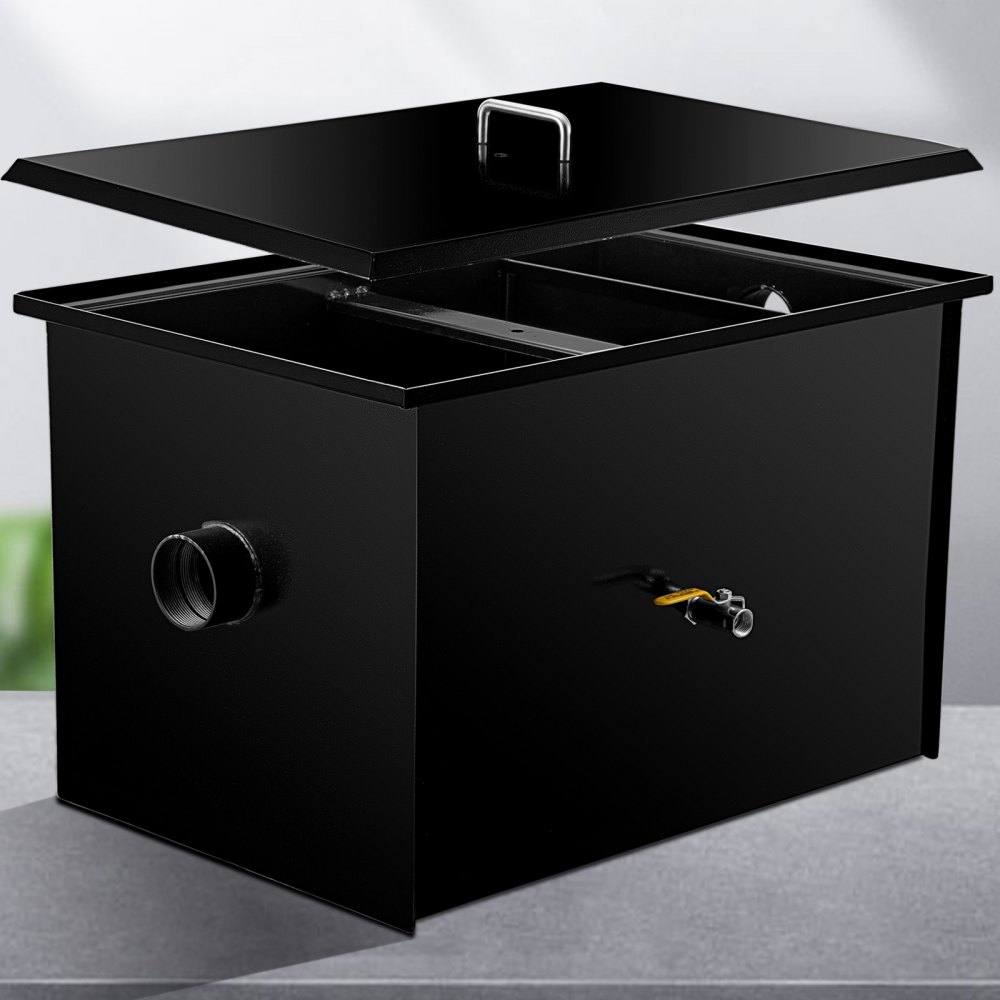 Separador de grasa comercial VEVOR de 25 GPM, 50 lb, de acero al carbono, con entrada de agua lateral. Ideal para instalar debajo del fregadero en restaurantes, fábricas y cocinas domésticas.