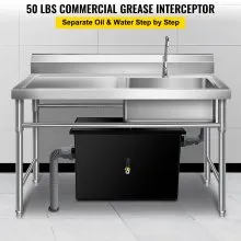 VEVOR Interceptor de grasa comercial 50 LB, trampa de grasa de acero al carbono 25 GPM, trampa interceptora de grasa con entrada de agua lateral, trampa de grasa debajo del fregadero para restaurante, cantina, fábrica, cocina casera
