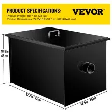 VEVOR Interceptor de grasa comercial 50 LB, trampa de grasa de acero al carbono 25 GPM, trampa interceptora de grasa con entrada de agua lateral, trampa de grasa debajo del fregadero para restaurante, cantina, fábrica, cocina casera