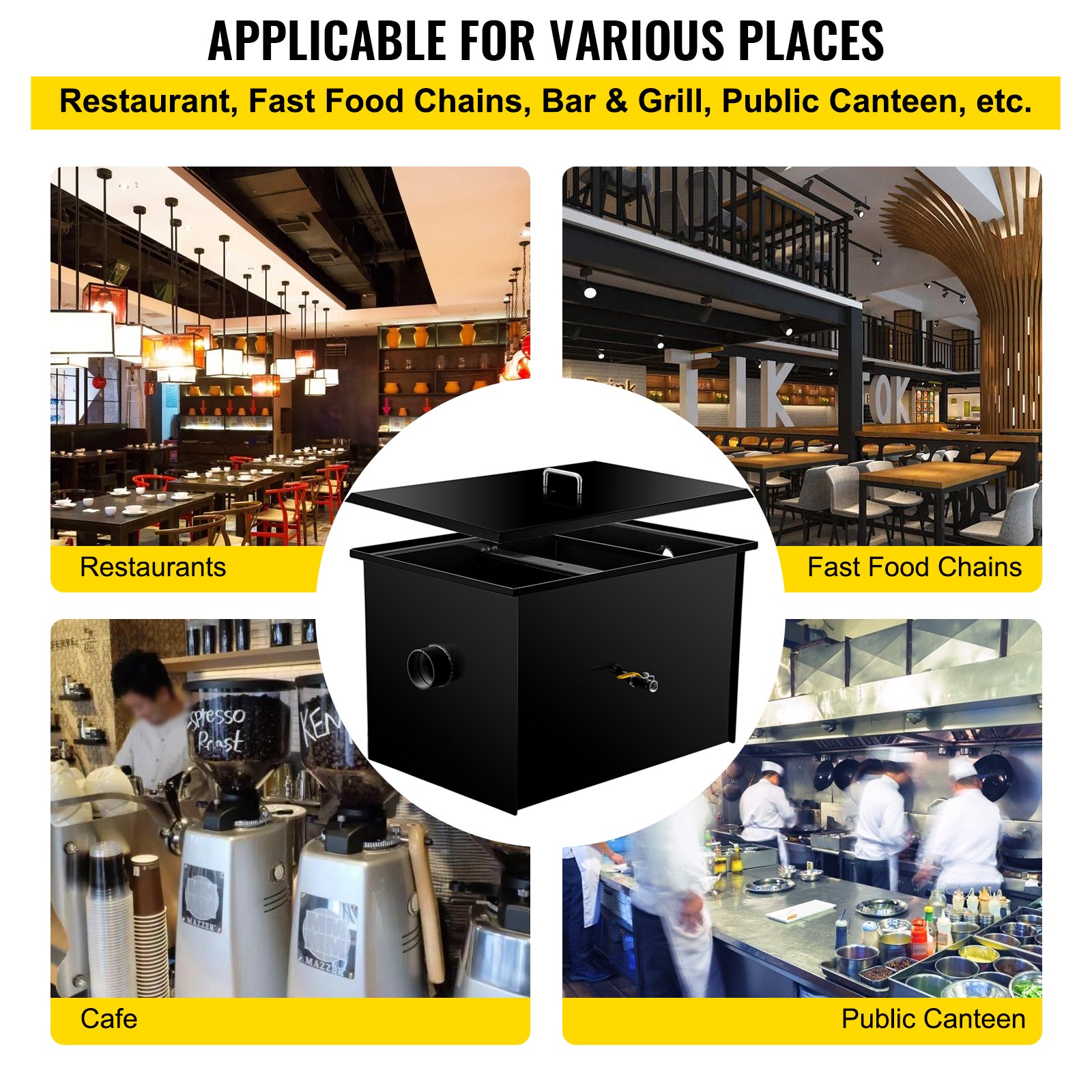 Separador de grasa comercial VEVOR de 25 GPM, 50 lb, de acero al carbono, con entrada de agua lateral. Ideal para instalar debajo del fregadero en restaurantes, fábricas y cocinas domésticas.