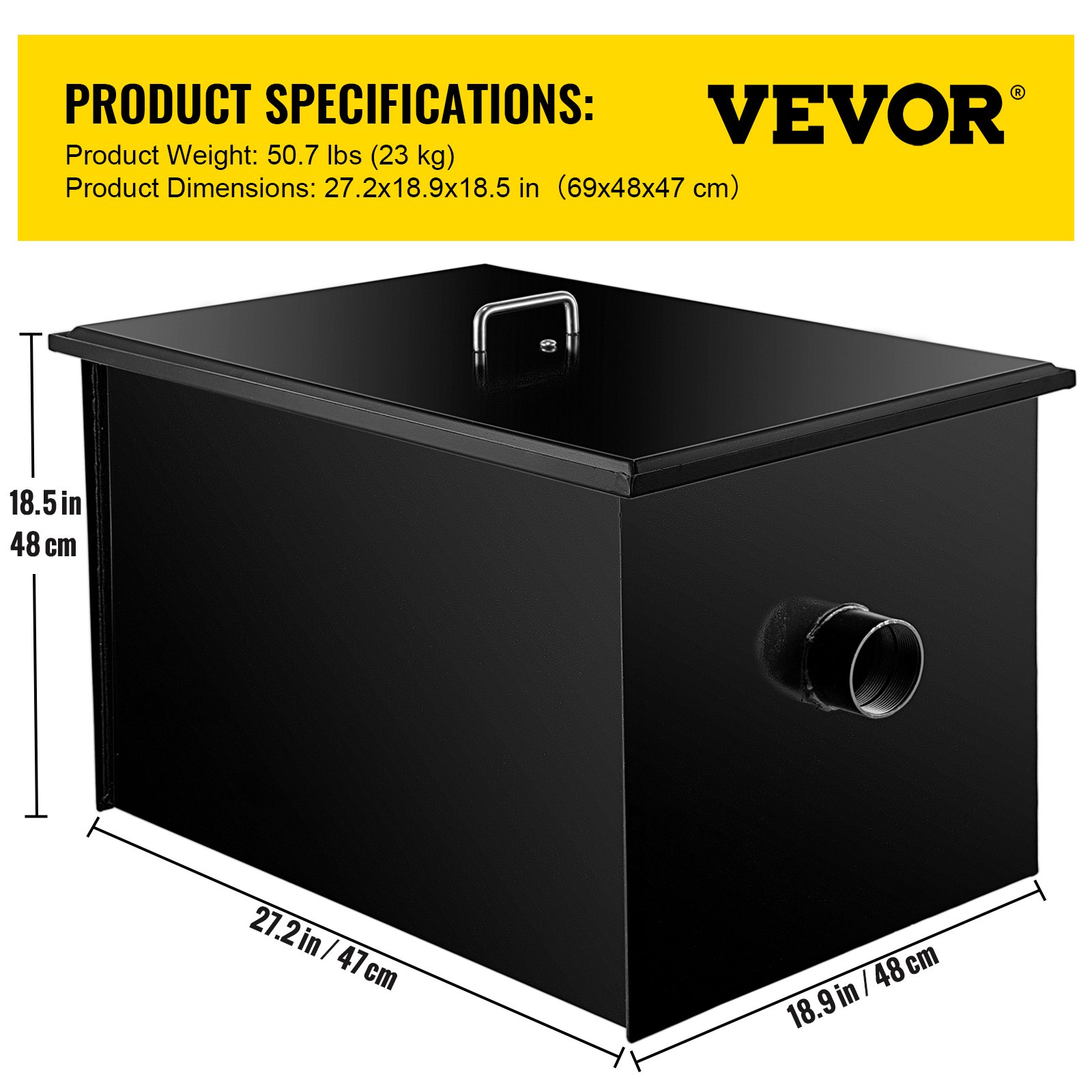 Separador de grasa comercial VEVOR de 25 GPM, 50 lb, de acero al carbono, con entrada de agua lateral. Ideal para instalar debajo del fregadero en restaurantes, fábricas y cocinas domésticas.