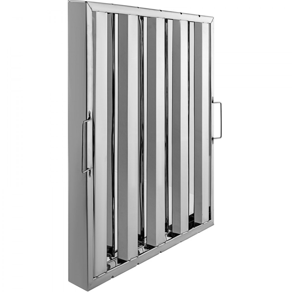 Filtros de campana VEVOR de acero inoxidable con asas y lamas verticales en marco liso.