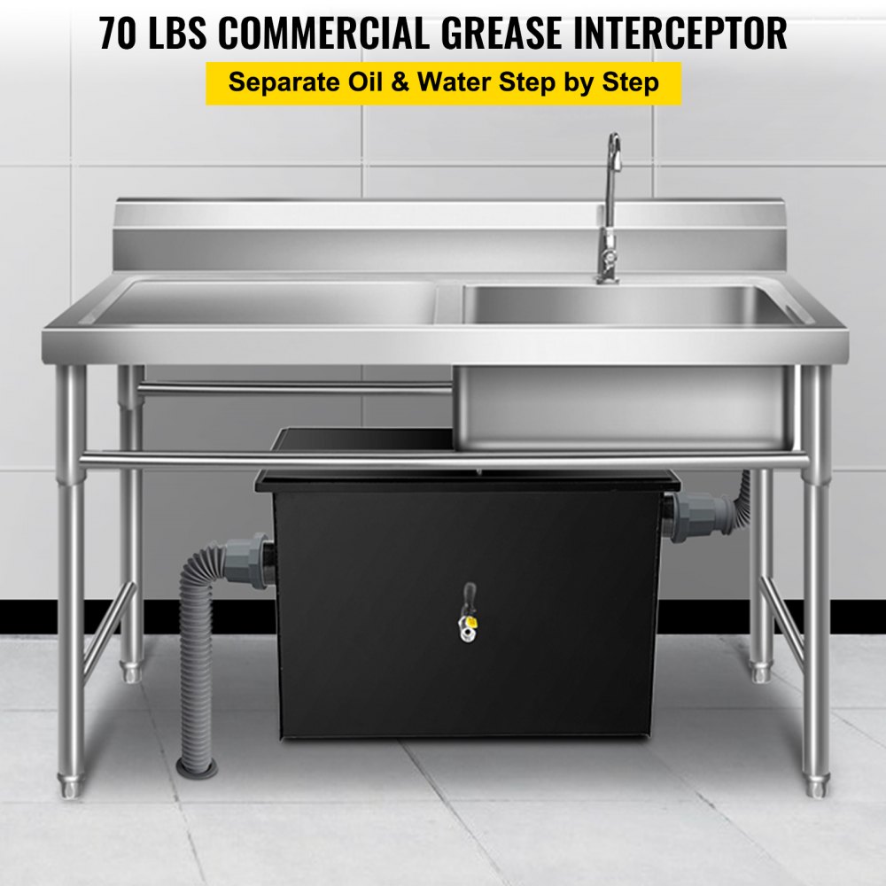 Interceptor de grasa comercial VEVOR de 35 GPM, trampa de grasa comercial de 70 lb, trampa de grasa de acero al carbono con entrada de agua lateral, trampa de grasa debajo del fregadero para restaurantes, fábricas, hogares y cocinas.