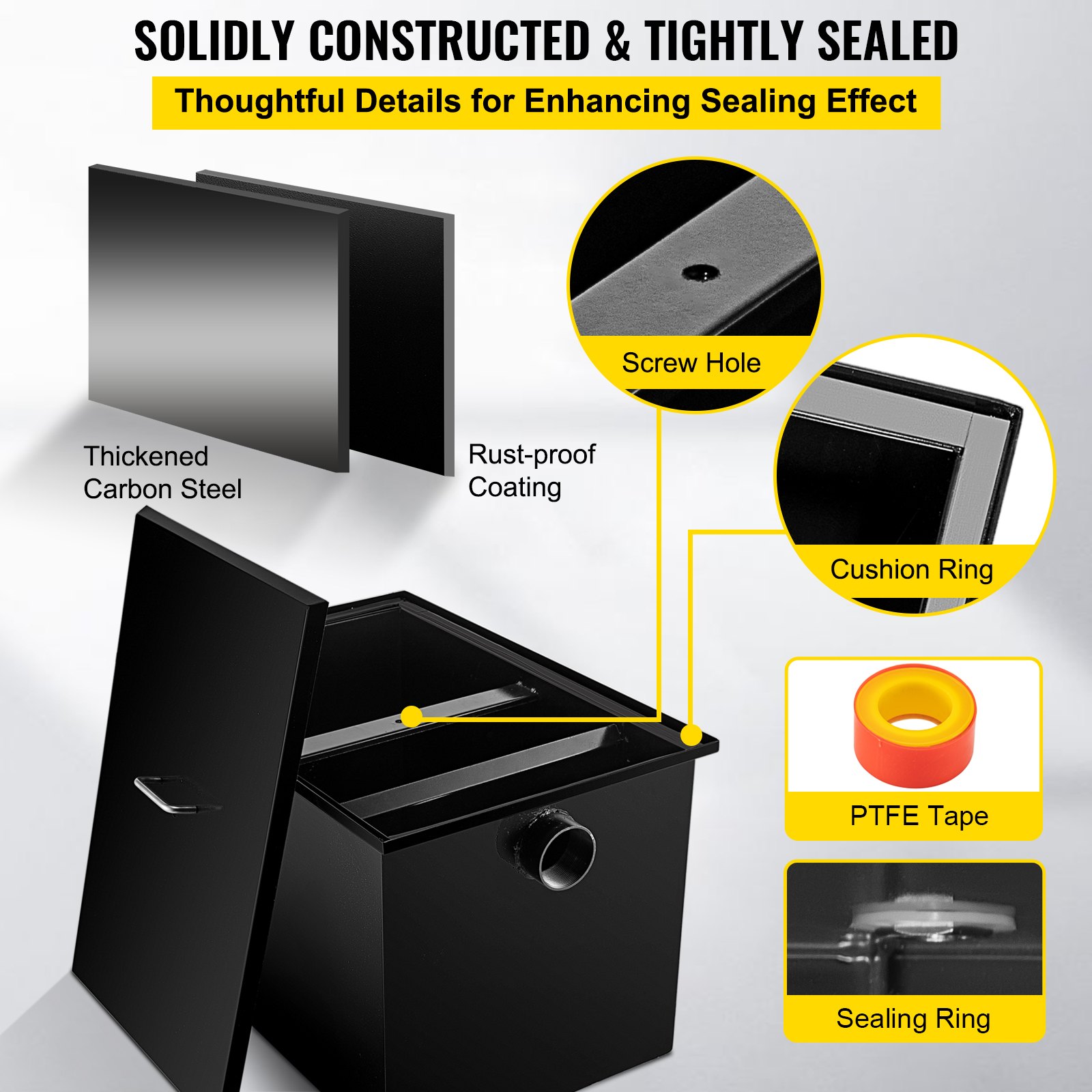 Interceptor de grasa comercial VEVOR de 35 GPM, trampa de grasa comercial de 70 lb, trampa de grasa de acero al carbono con entrada de agua lateral, trampa de grasa debajo del fregadero para restaurantes, fábricas, hogares y cocinas.