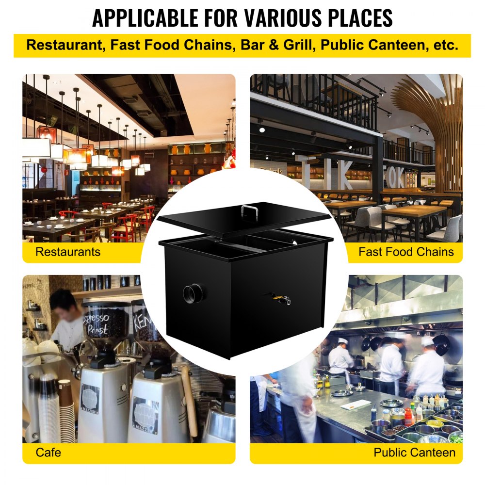 VEVOR Interceptor de grasa comercial 40 LB, Trampa de grasa de acero al carbono 20 GPM, Trampa interceptora de grasa con entrada de agua lateral, Trampa de grasa debajo del fregadero para restaurante, cantina, fábrica, cocina casera