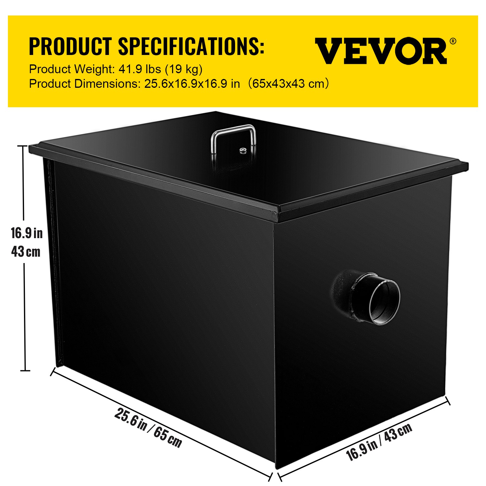 VEVOR Interceptor de grasa comercial 40 LB, Trampa de grasa de acero al carbono 20 GPM, Trampa interceptora de grasa con entrada de agua lateral, Trampa de grasa debajo del fregadero para restaurante, cantina, fábrica, cocina casera