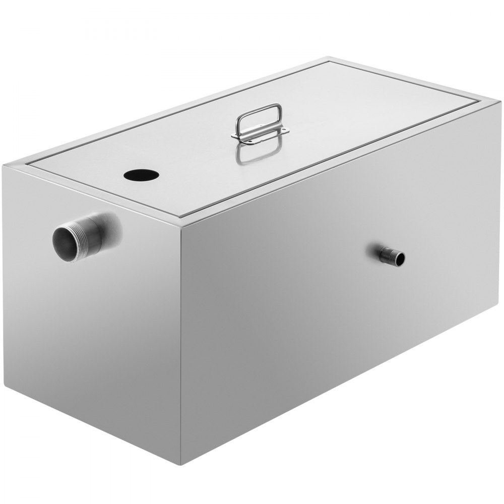 Trampa de grasa comercial VEVOR, caja de acero inoxidable con tubos de entrada y salida.