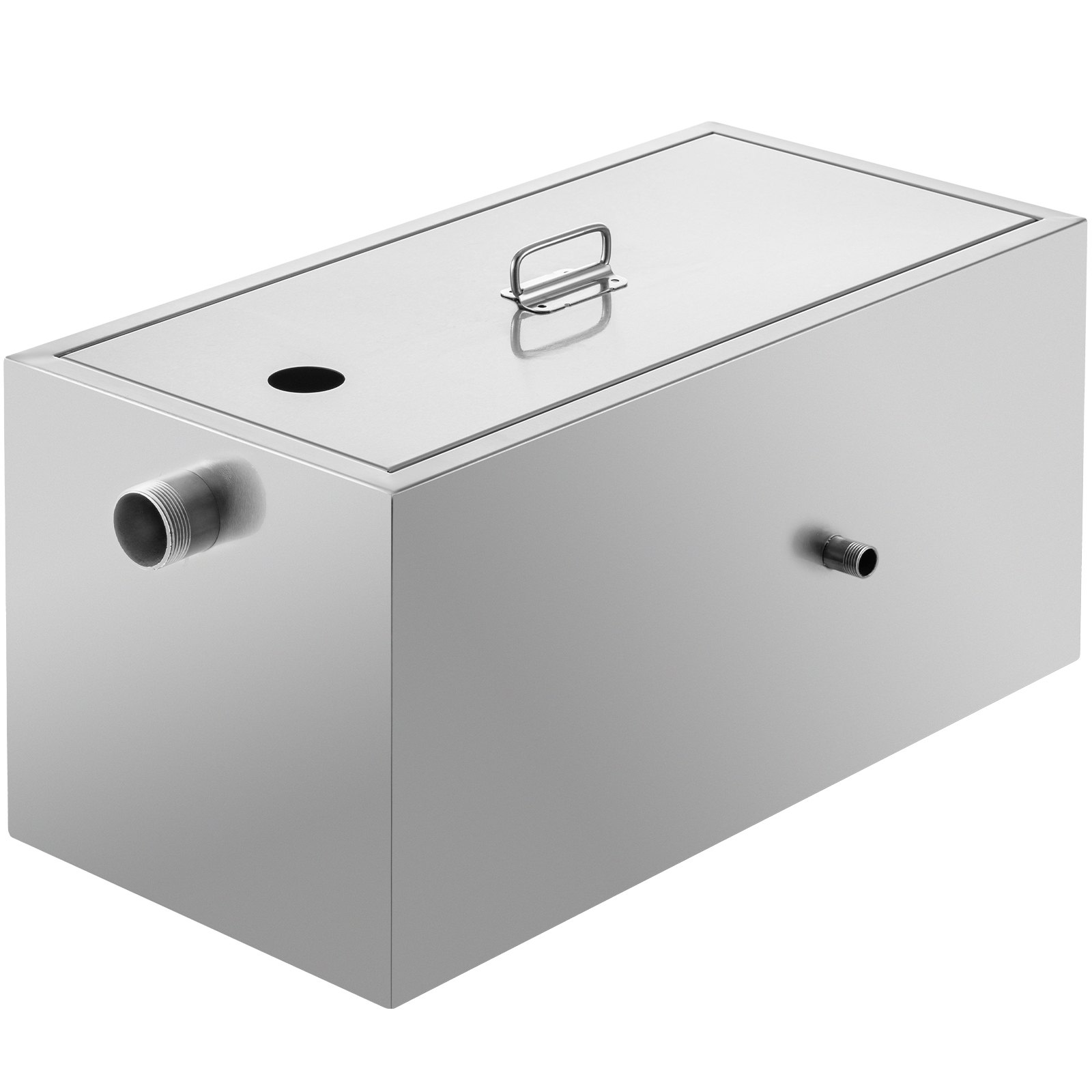 Trampa de grasa comercial VEVOR, caja de acero inoxidable con tubos de entrada y salida.
