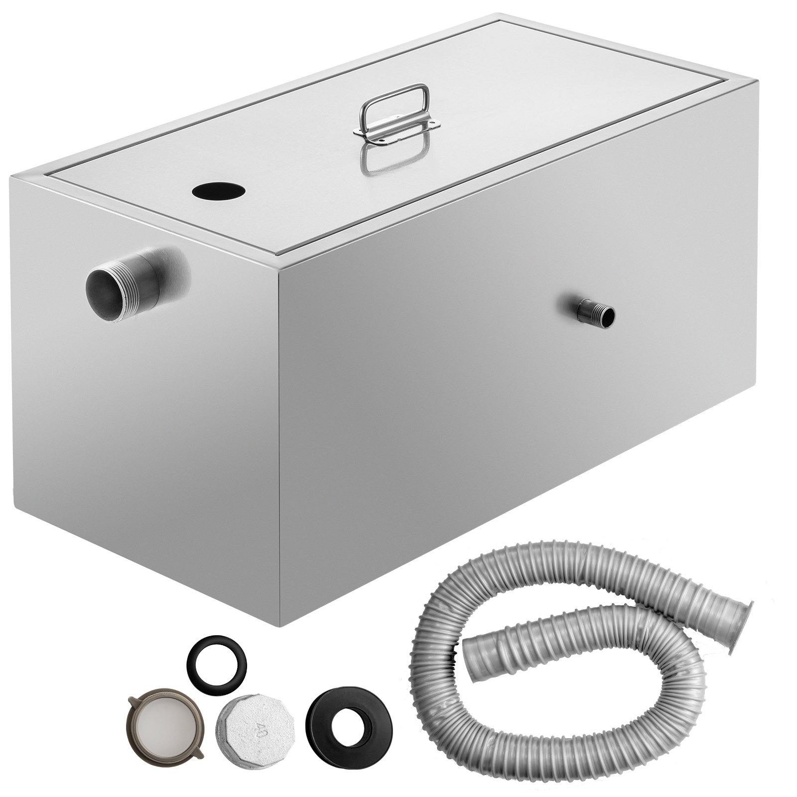 Trampa de grasa comercial VEVOR de acero inoxidable con accesorios que incluyen manguera y accesorios.