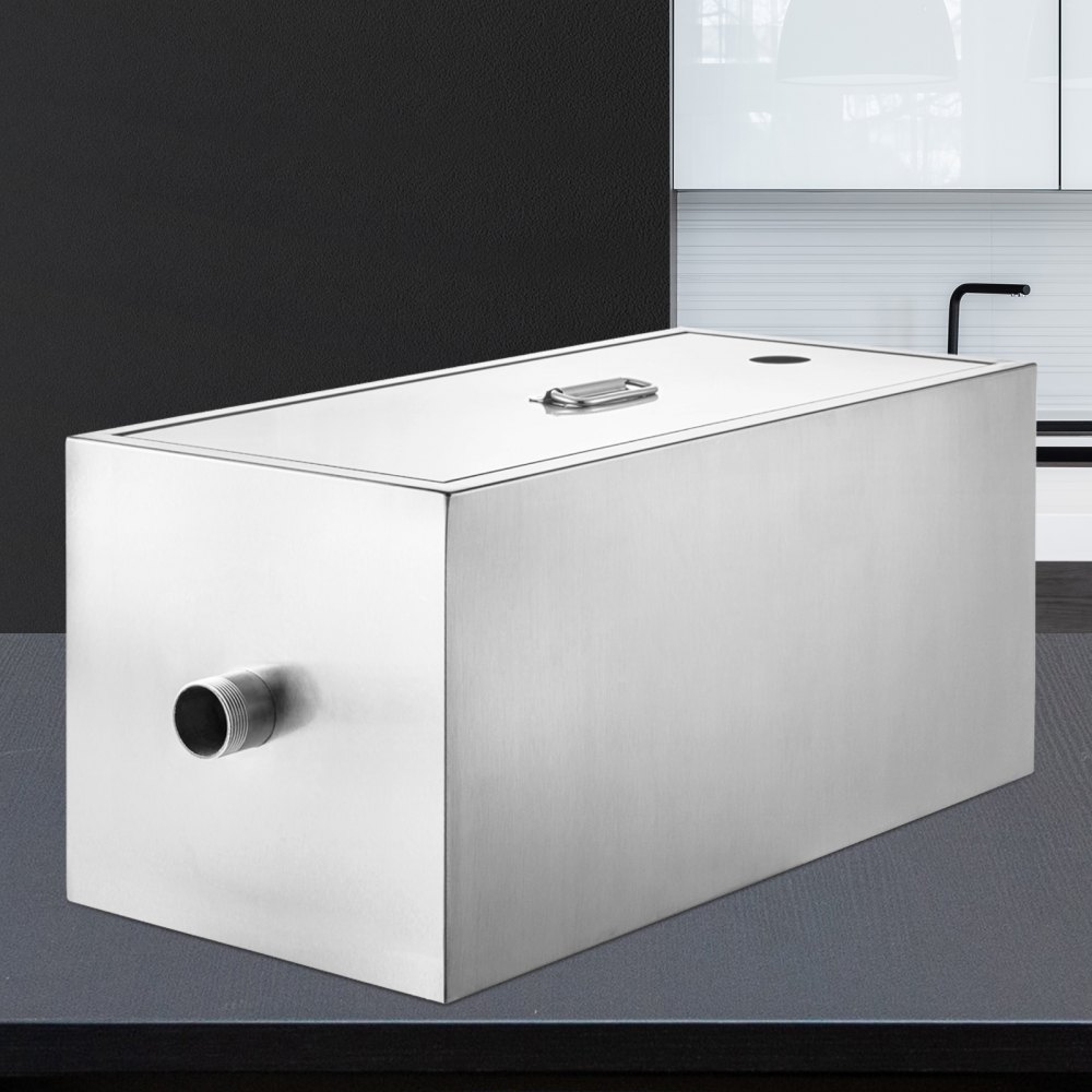 Trampa de grasa comercial VEVOR de acero inoxidable en un entorno de cocina moderno.