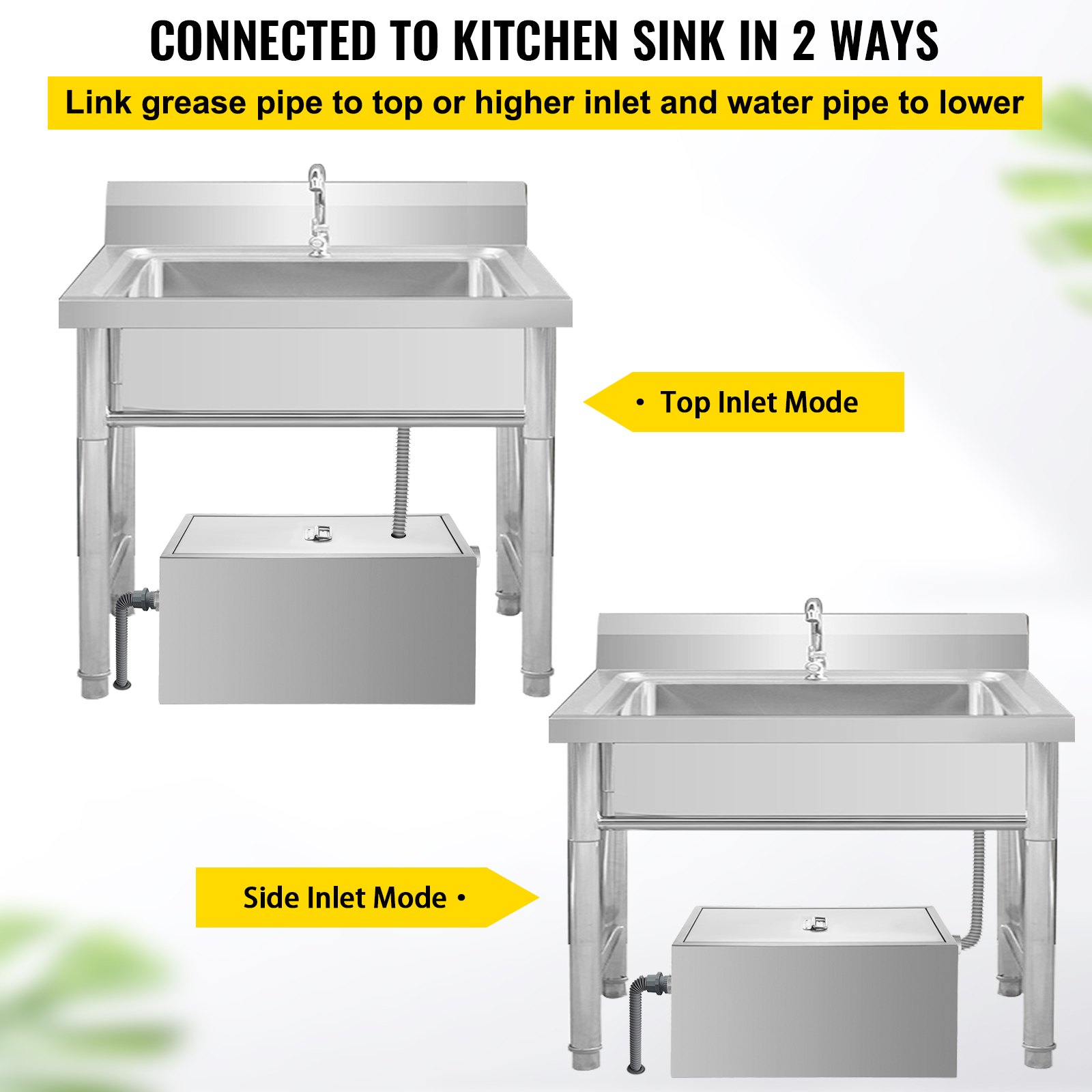 Trampa de grasa comercial VEVOR conectada al fregadero de la cocina con modos de entrada superior y lateral.