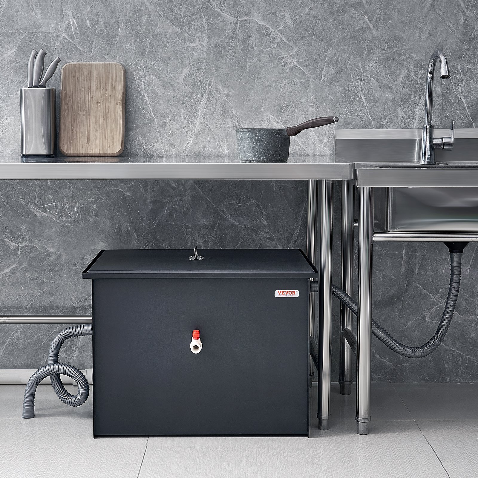 Trampa de grasa comercial VEVOR, interceptor de grasa de 18 kg, con entrada lateral, trampa de grasa de acero al carbono para debajo del fregadero, separador de aceite y agua de 5,7 l/min para aguas residuales, ideal para restaurantes, cantinas, cocinas domésticas.