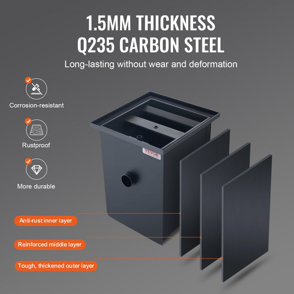 Trampa de grasa comercial VEVOR, interceptor de grasa de 8 lb, interceptor de entrada lateral, trampa de grasa de acero al carbono para debajo del fregadero, separador de aceite y agua de 4.6 GPM para aguas residuales, para restaurantes, cantinas, cocinas domésticas.