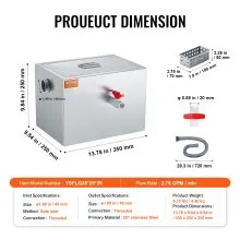 Trampa de grasa comercial VEVOR, interceptor de grasa de 8 libras, interceptor de entrada lateral, trampa de grasa de acero inoxidable debajo del fregadero, separador de aceite y agua de aguas residuales de 2,8 GPM, para restaurante, cantina, cocina casera