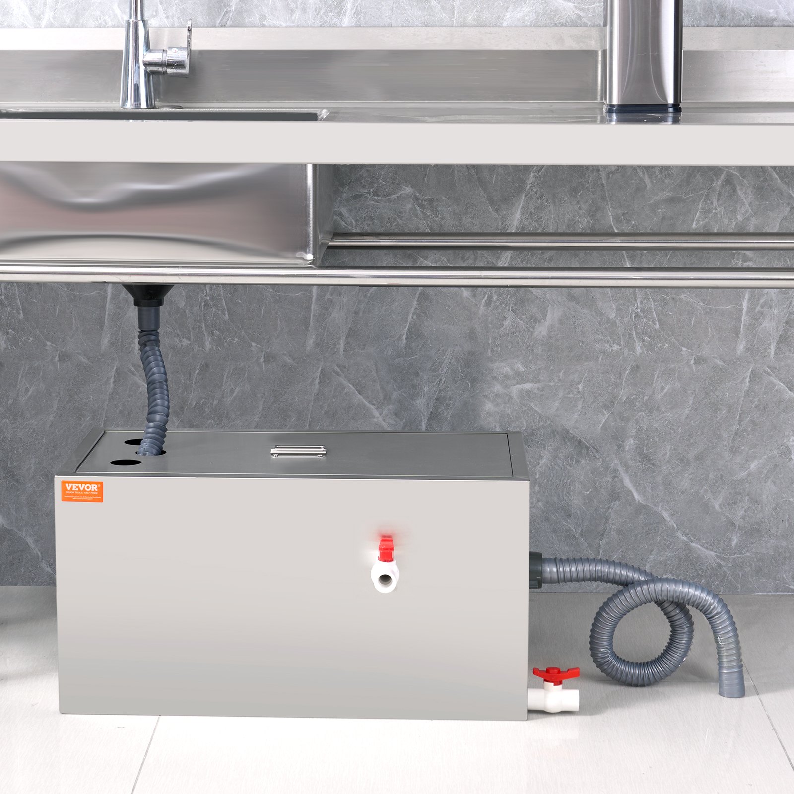 Trampa de grasa comercial VEVOR, interceptor de grasa de 11.3 kg, con entrada superior, trampa de grasa de acero inoxidable para debajo del fregadero, separador de aceite y agua de 23.8 l/min para aguas residuales, ideal para restaurantes, cantinas, cocinas domésticas.