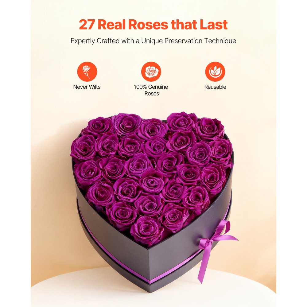 VEVOR Flores Eternas, 27 Rosas Preservadas en Caja con Forma de Corazón, Ramo de Flores Eternas Inmortales, Regalo de Cumpleaños para Mujeres, Esposas, Madres, Aniversario, San Valentín, Navidad, Morado