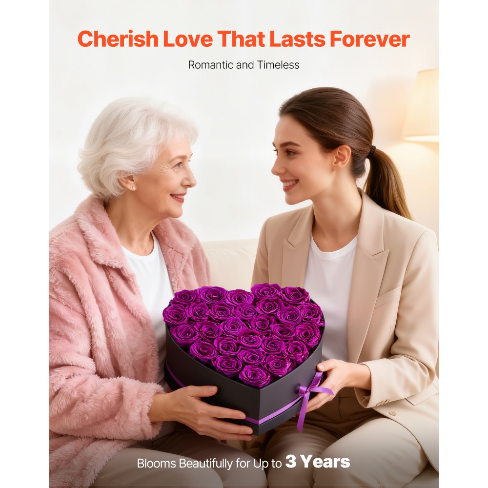VEVOR Flores Eternas, 27 Rosas Preservadas en Caja con Forma de Corazón, Ramo de Flores Eternas Inmortales, Regalo de Cumpleaños para Mujeres, Esposas, Madres, Aniversario, San Valentín, Navidad, Morado