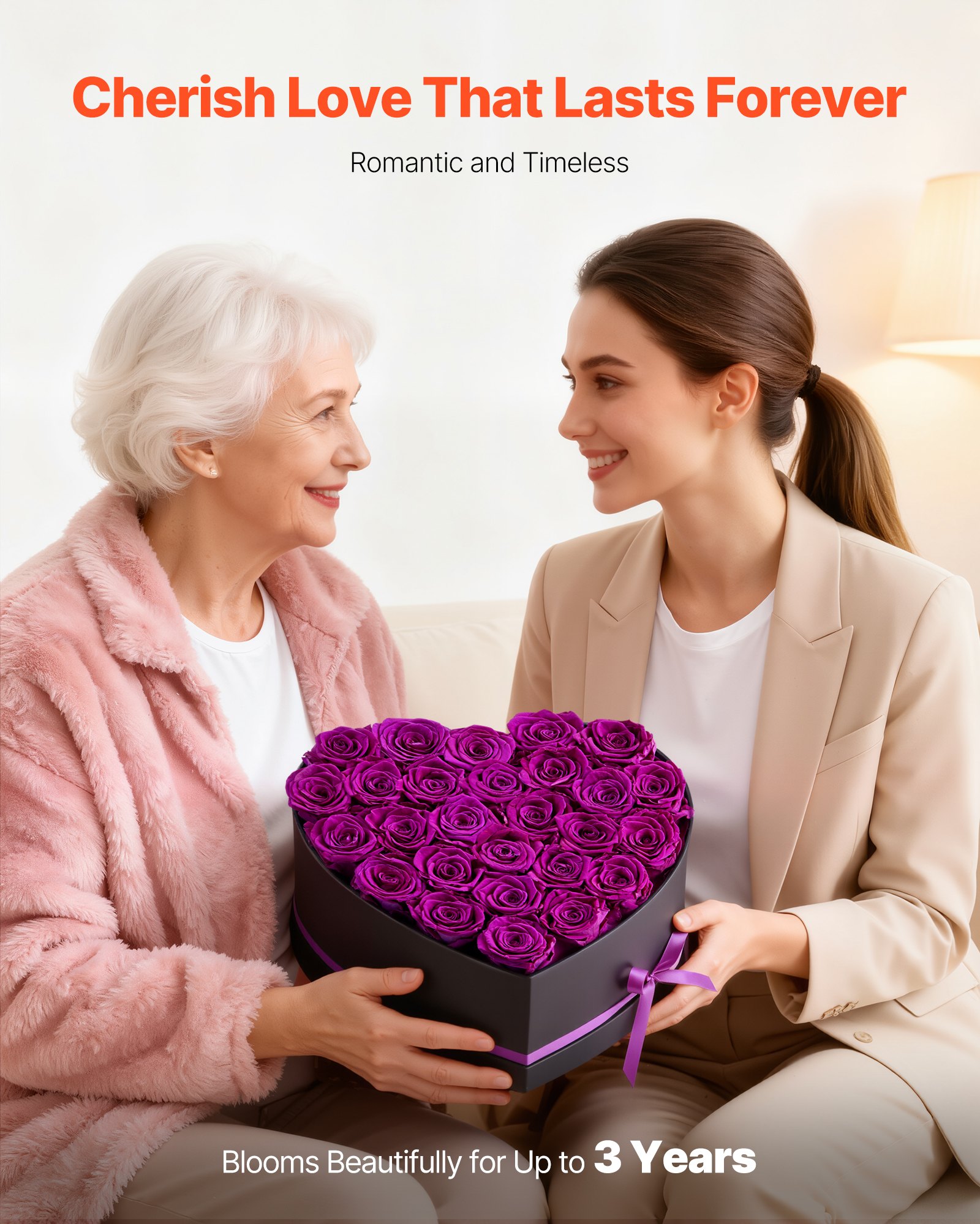 VEVOR Flores Eternas, 27 Rosas Preservadas en Caja con Forma de Corazón, Ramo de Flores Eternas Inmortales, Regalo de Cumpleaños para Mujeres, Esposas, Madres, Aniversario, San Valentín, Navidad, Morado