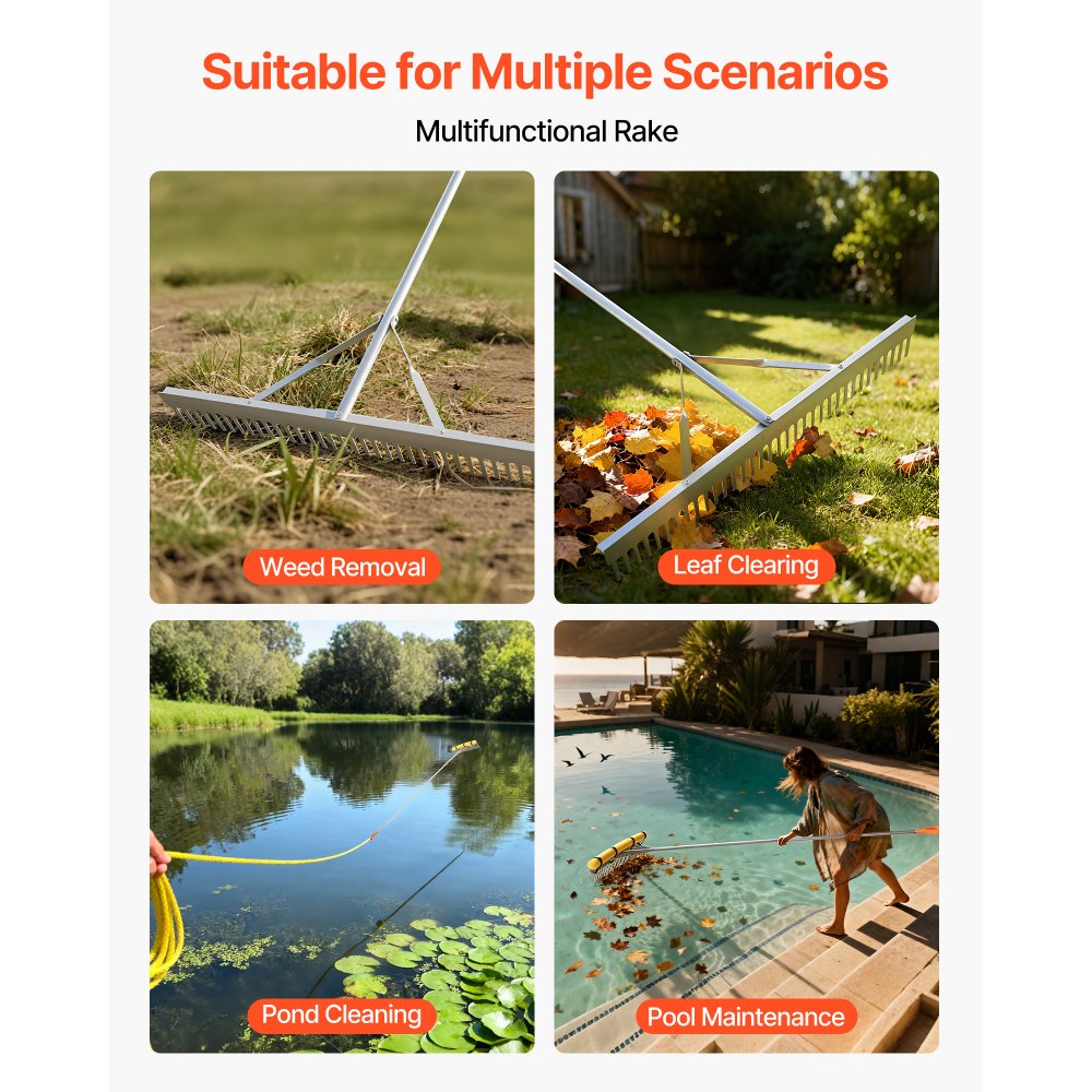 Rastrillo de jardinería VEVOR, cabezal de 91 cm de ancho y mango de 335 cm, herramienta grande de aluminio resistente para jardinería, nivelador de asfalto para aflojar la tierra, jardín y patio, grava de estanques y cuidado del césped de playa, cuerda de 16 m