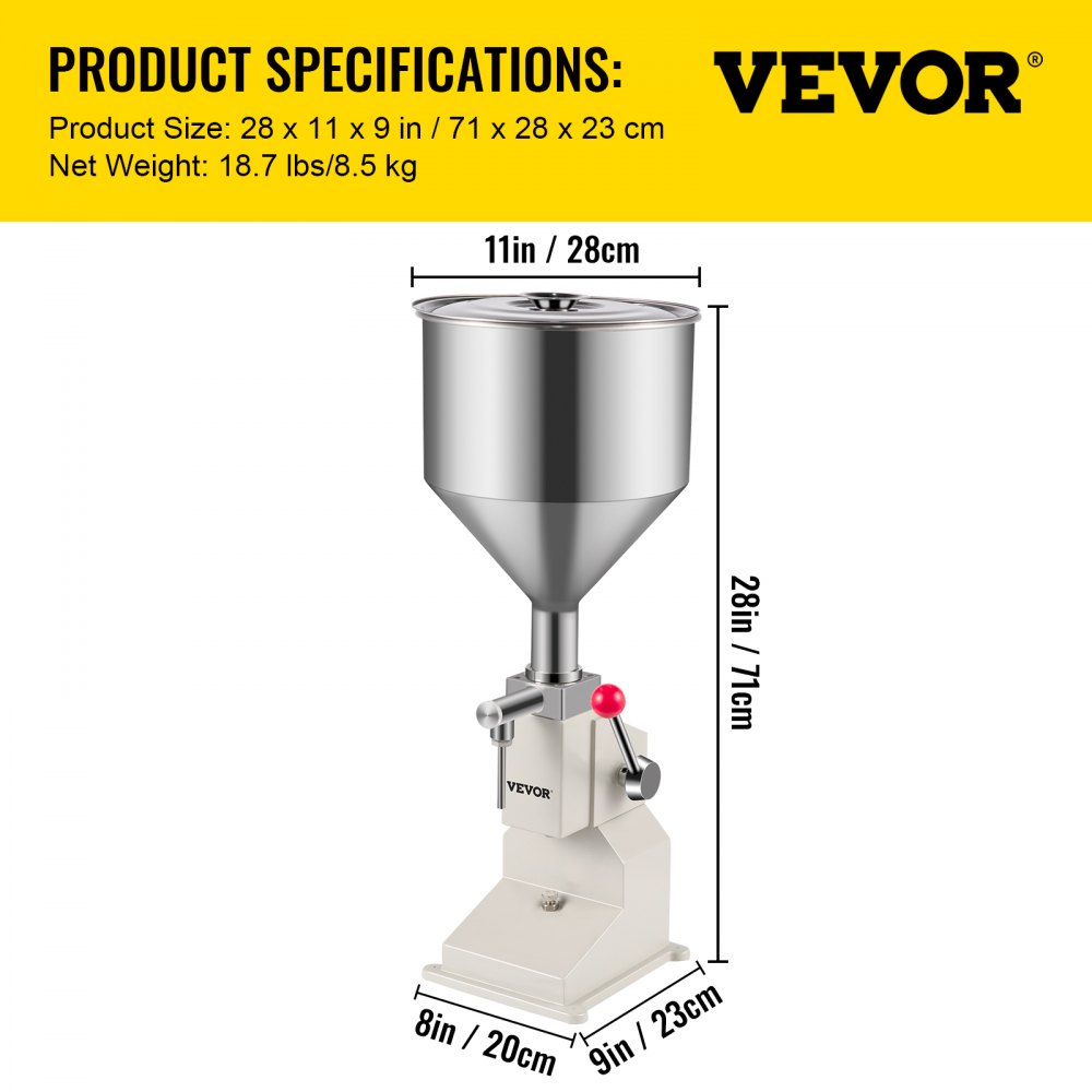 Llenadora manual de líquidos VEVOR de 5 a 110 ml, máquina llenadora manual, llenadora de crema ajustable, máquina llenadora de botellas con tolva de 11,5 L para llenar líquidos, perfumes, bebidas y cosméticos.
