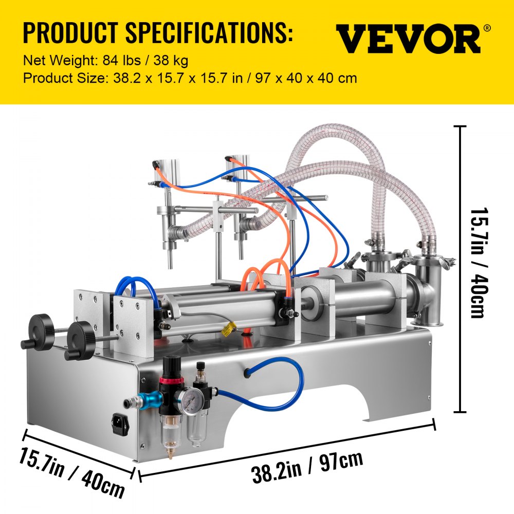 Máquina llenadora de líquidos VEVOR con mangueras y especificaciones del producto mostradas.