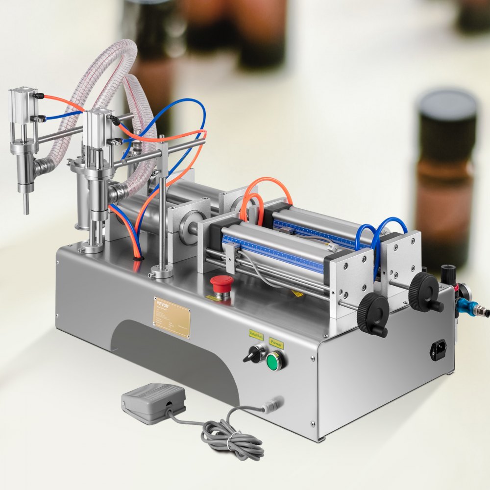 Máquina llenadora de líquidos VEVOR con boquillas dobles y tubos de colores.