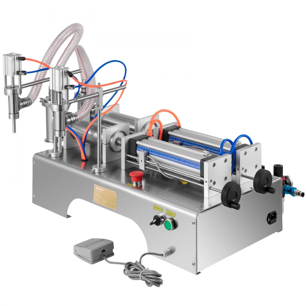 Máquina llenadora de líquidos VEVOR con cuerpo de acero inoxidable, mangueras e interruptores de control.