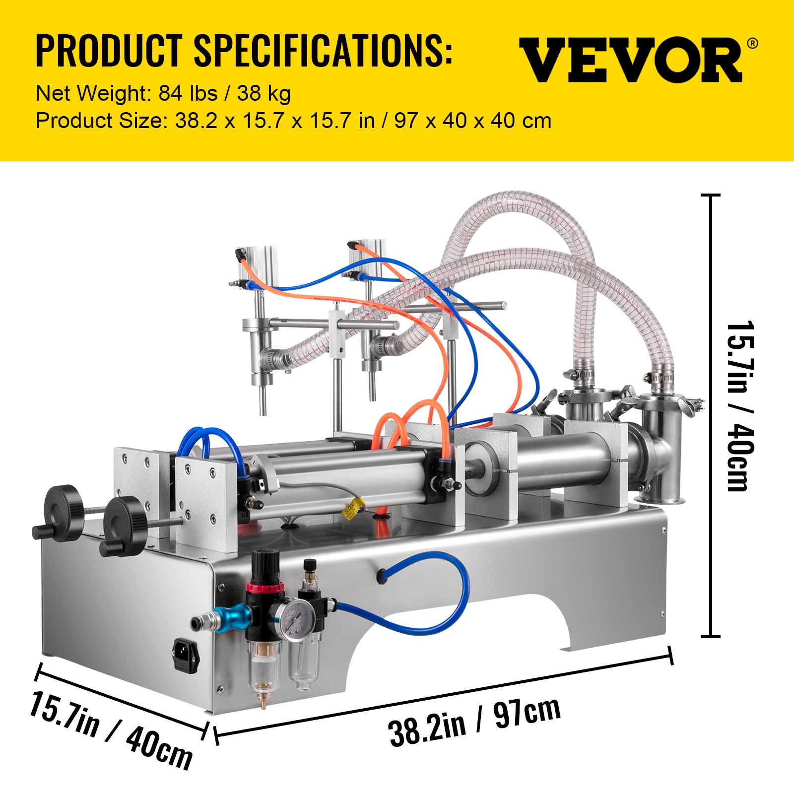 Máquina llenadora de líquidos VEVOR con mangueras y especificaciones del producto mostradas.