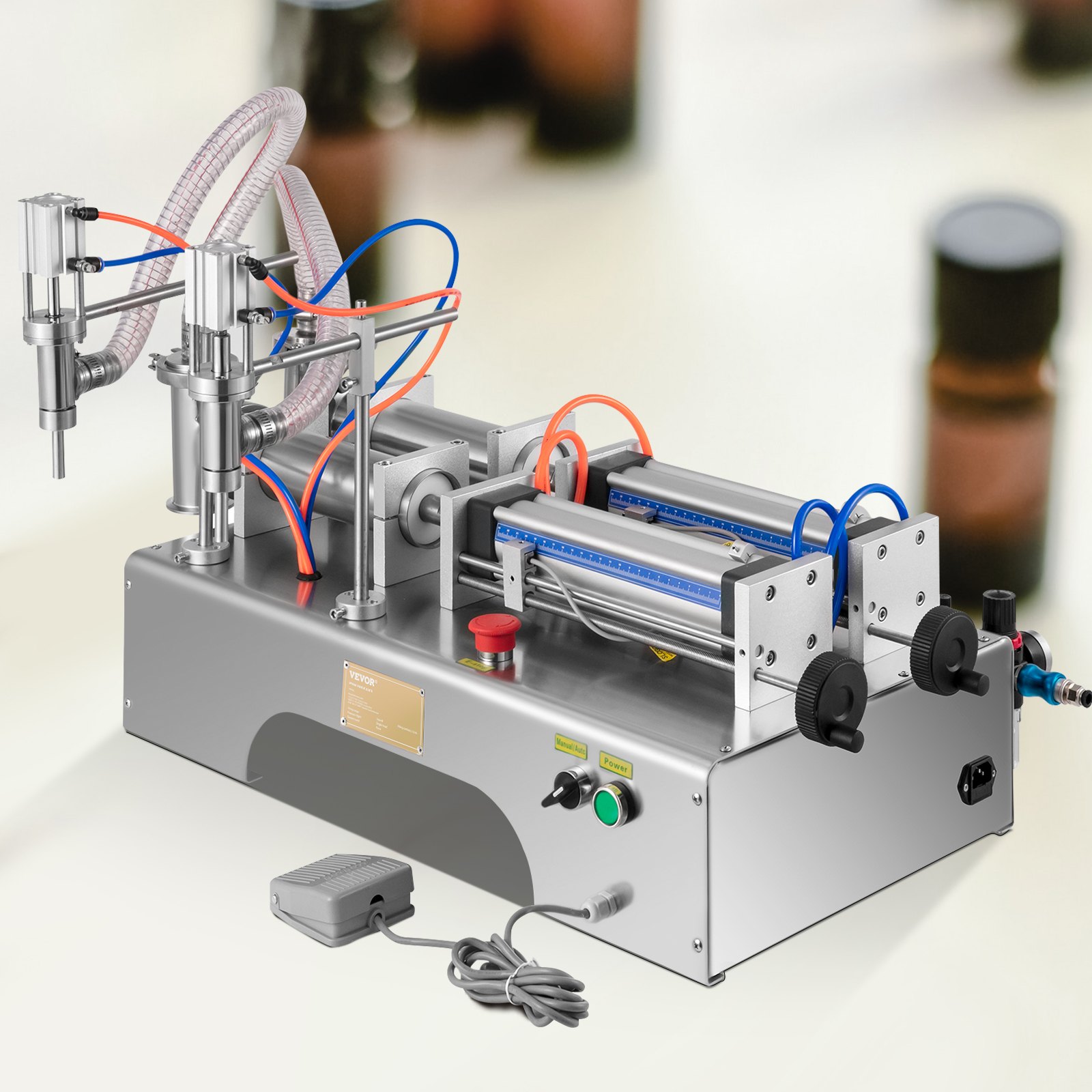 Máquina llenadora de líquidos VEVOR con boquillas dobles y tubos de colores.