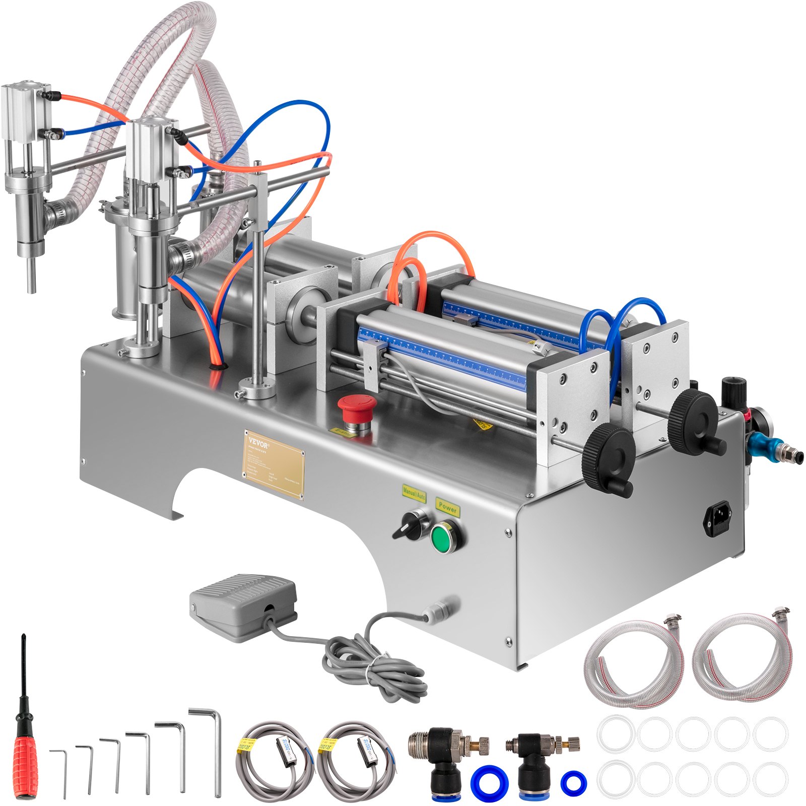 Máquina llenadora de líquidos VEVOR con accesorios que incluyen tubos, boquillas y herramientas.