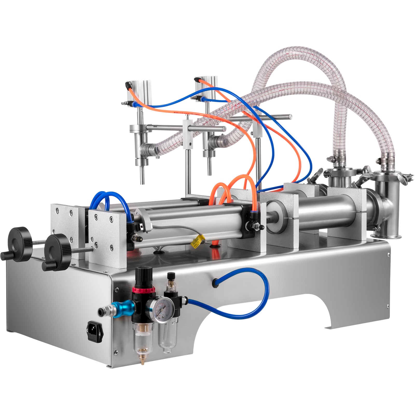 Máquina llenadora de líquidos VEVOR con boquillas dobles, componentes neumáticos y válvulas de control.