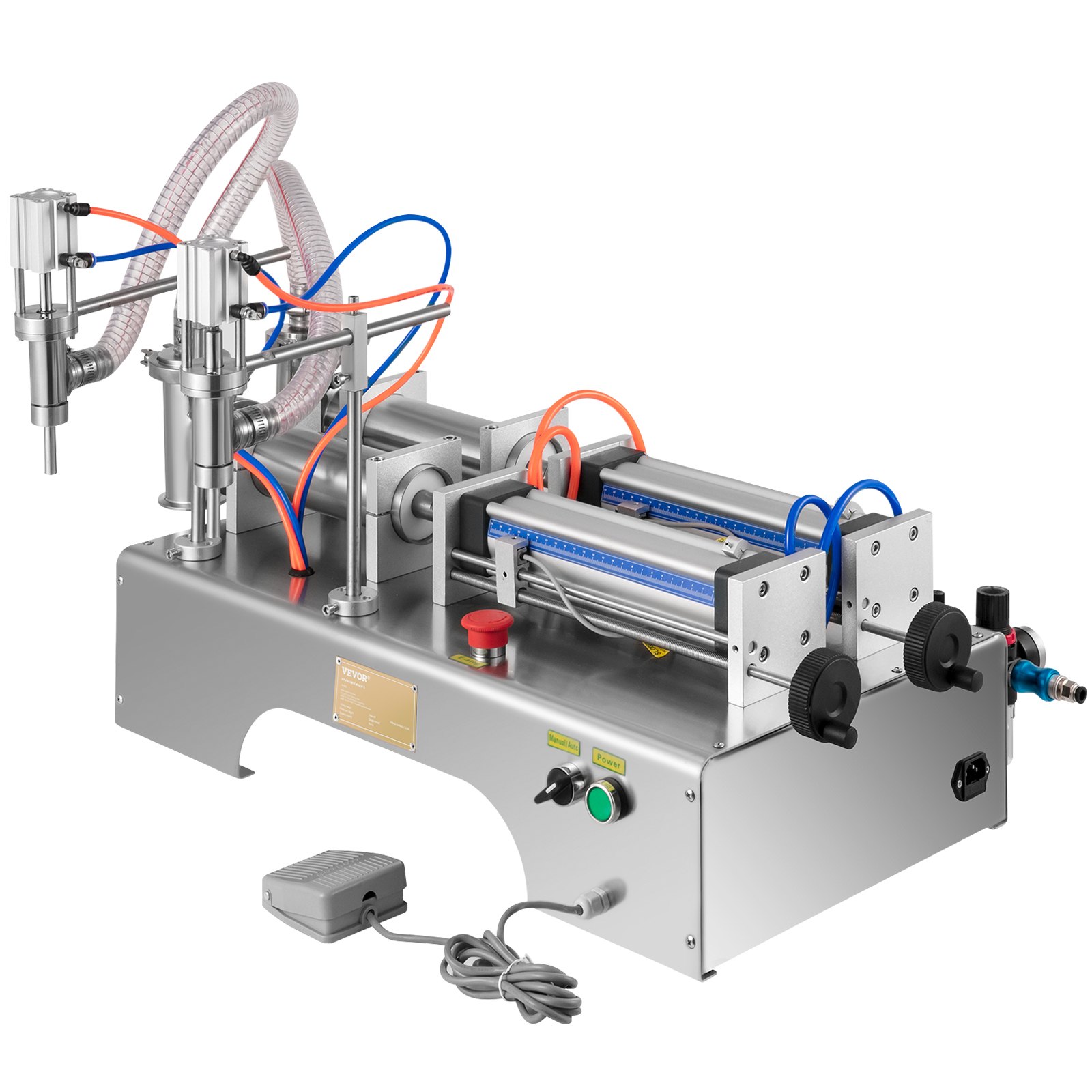 Máquina llenadora de líquidos VEVOR con cuerpo de acero inoxidable, mangueras e interruptores de control.