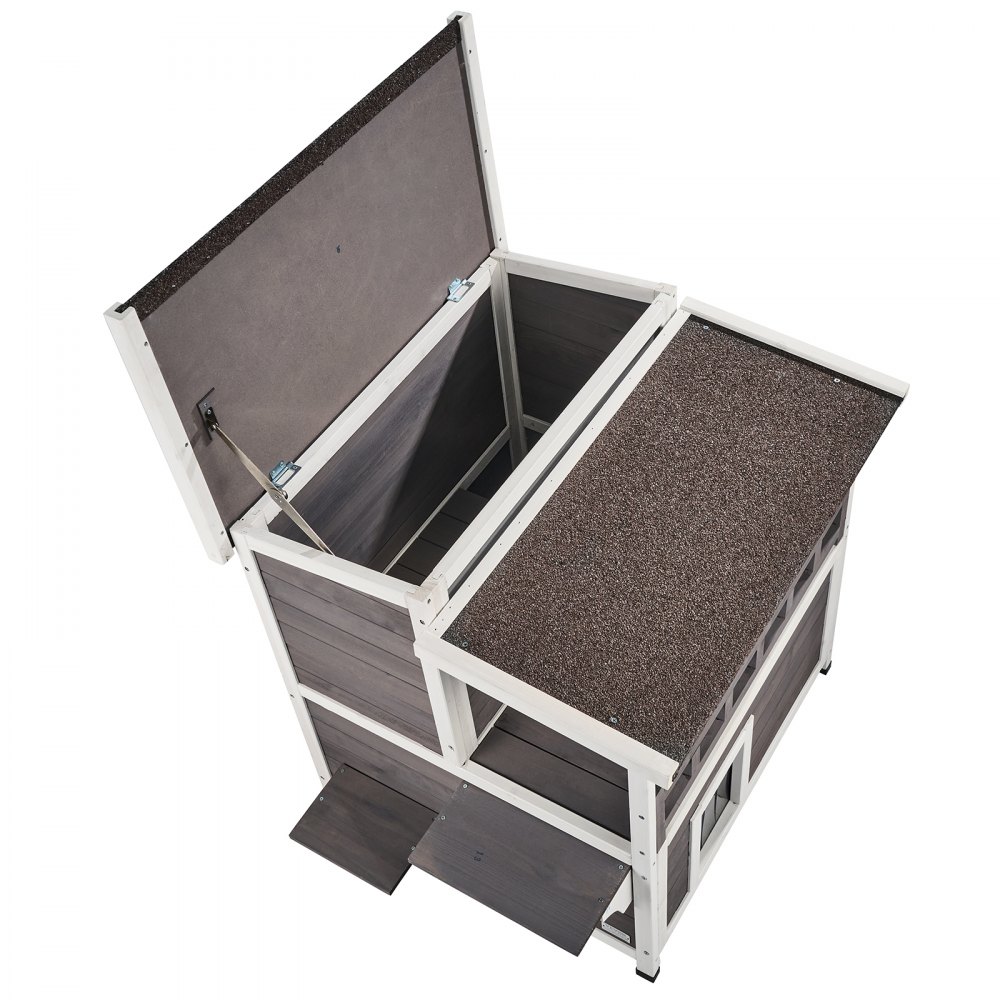 Casa para gatos VEVOR de exterior, resistente a la intemperie, refugio para gatos callejeros, para varios gatos, gran caseta de madera de 2 plantas con balcón, puertas, puertas de PVC y techo abierto, 76 cm de largo x 76 cm de ancho x 81 cm de alto