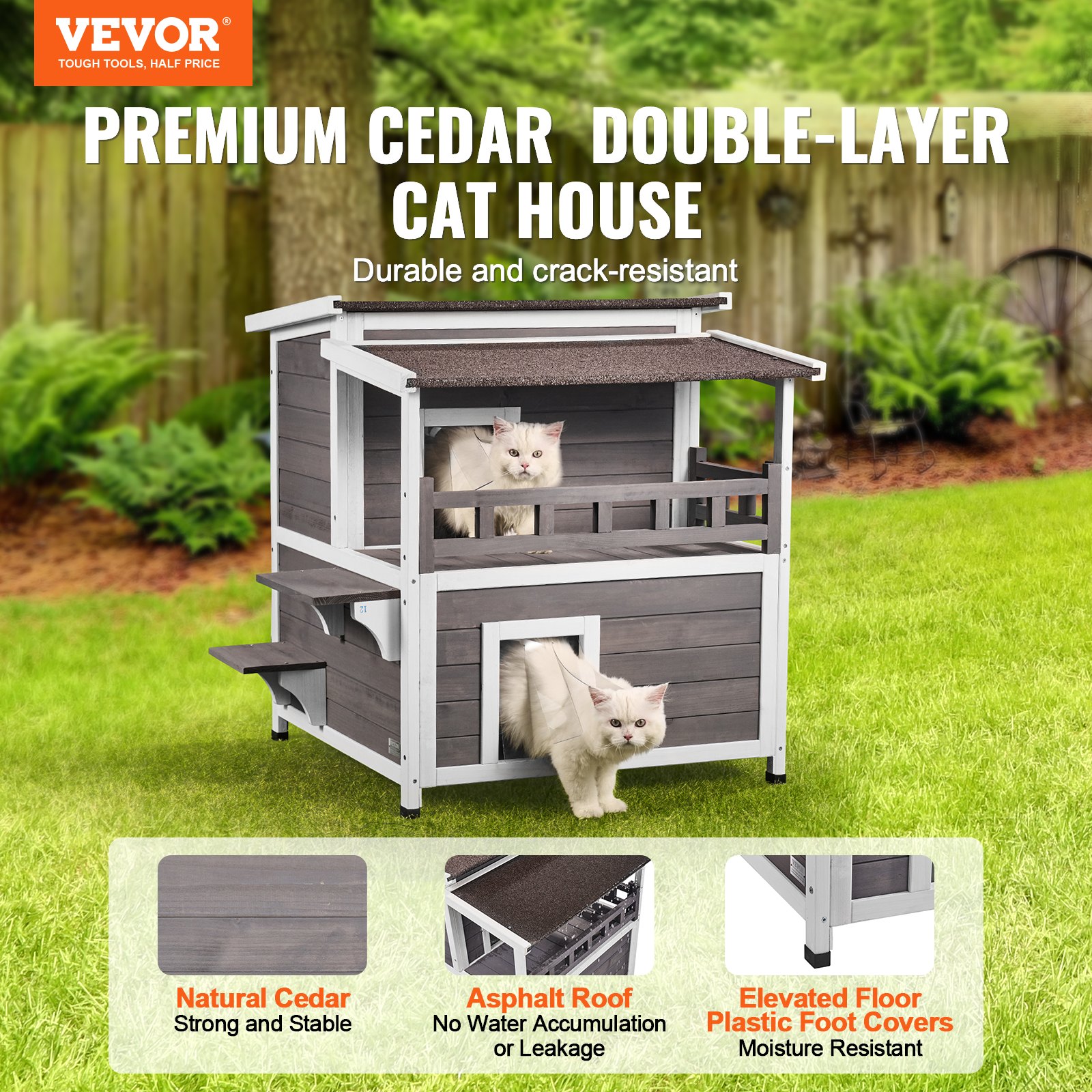 Casa para gatos VEVOR de exterior, resistente a la intemperie, refugio para gatos callejeros, para varios gatos, gran caseta de madera de 2 plantas con balcón, puertas, puertas de PVC y techo abierto, 76 cm de largo x 76 cm de ancho x 81 cm de alto