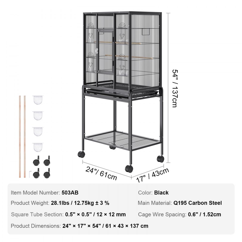 Jaula para pájaros VEVOR, color negro, modelo 503ab, dimensiones 24&quot;x17&quot;x54&quot;, con accesorios y especificaciones.
