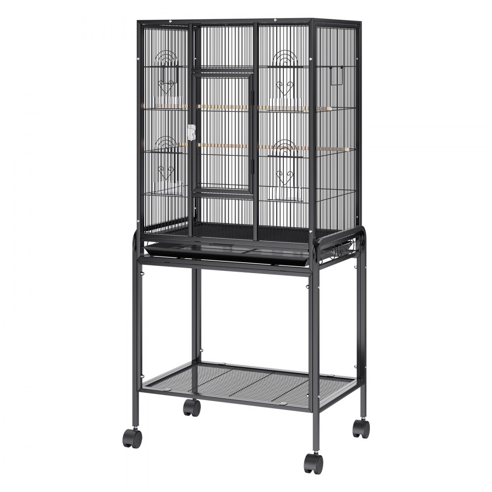 Jaula para pájaros VEVOR de metal negro con ruedas, múltiples perchas y una base de doble capa para almacenamiento.