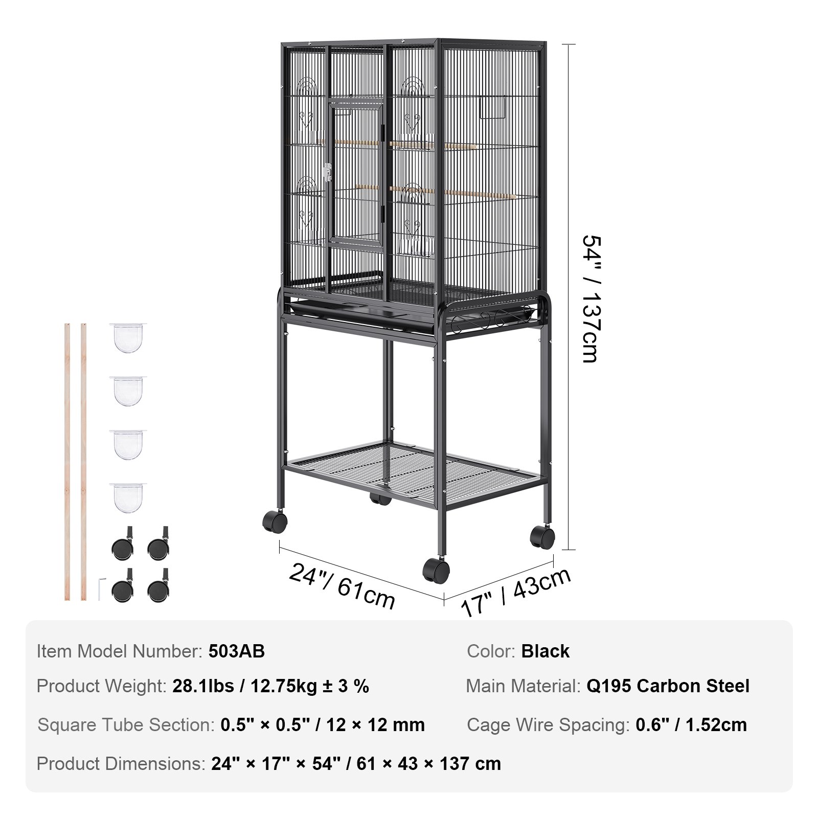 Jaula para pájaros VEVOR, color negro, modelo 503ab, dimensiones 24&quot;x17&quot;x54&quot;, con accesorios y especificaciones.