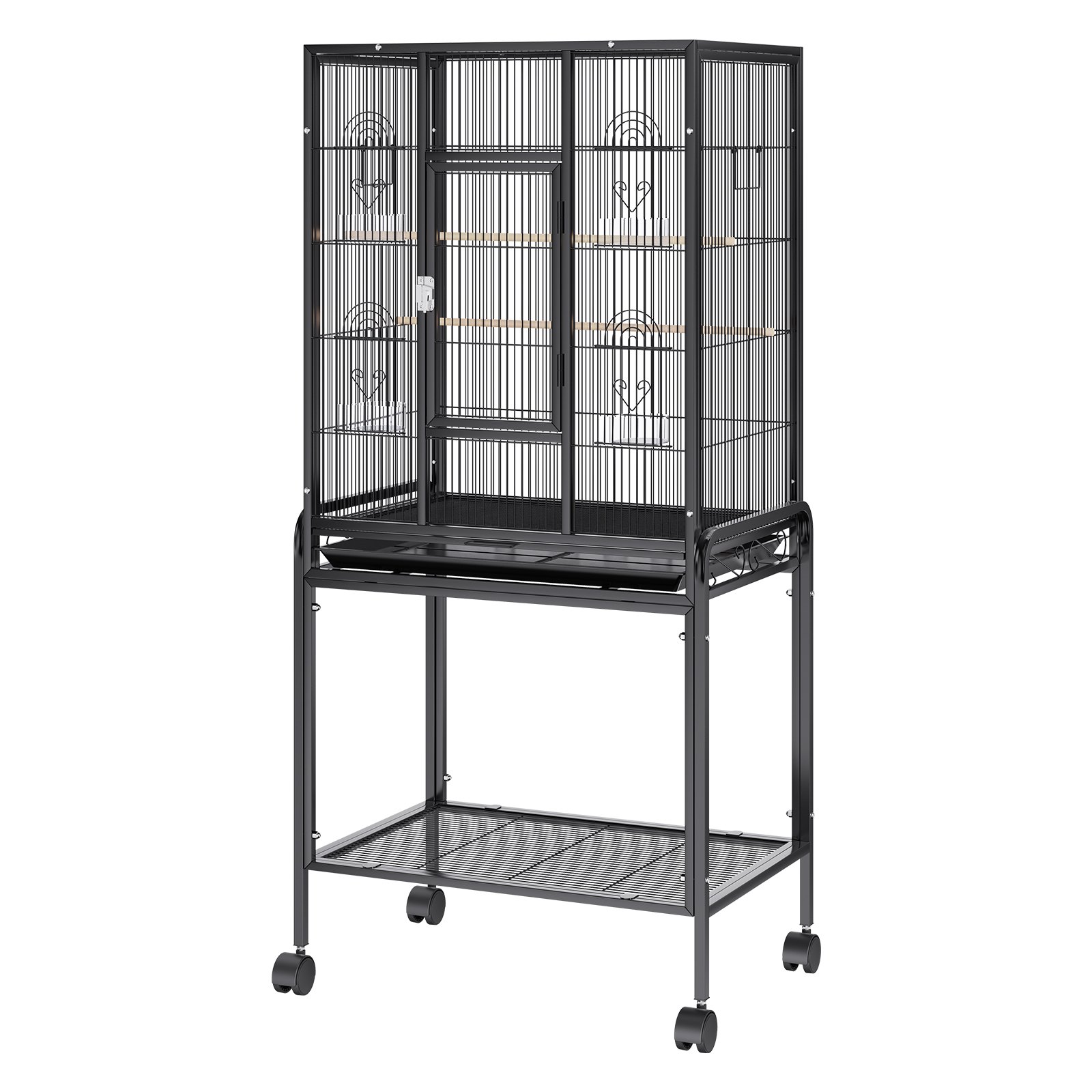 Jaula para pájaros VEVOR de metal negro con ruedas, múltiples perchas y una base de doble capa para almacenamiento.