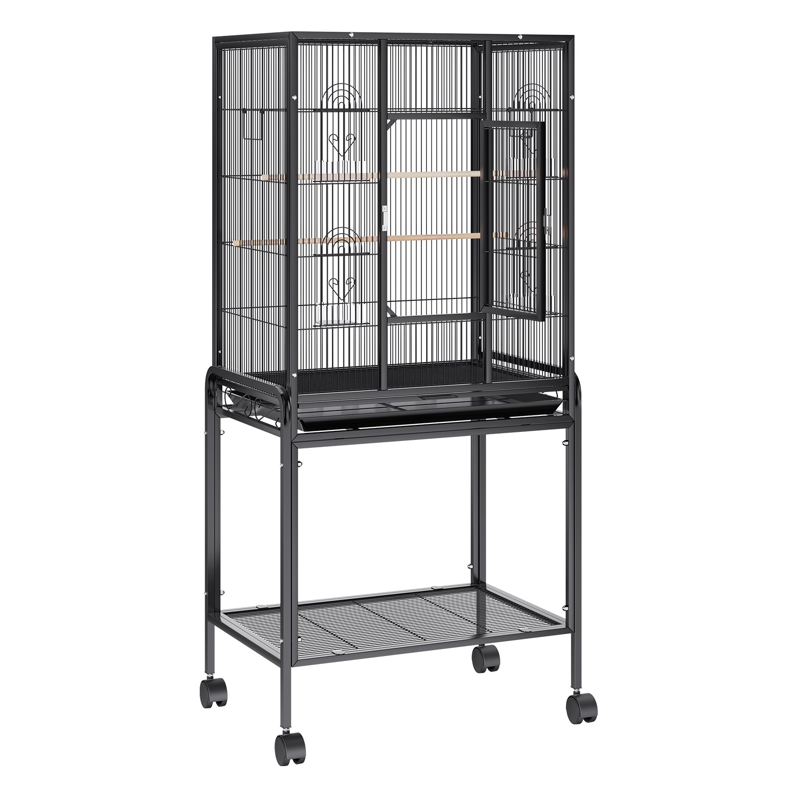 Jaula para pájaros VEVOR con soporte, estructura de metal resistente, múltiples perchas y ruedas para facilitar su movilidad.