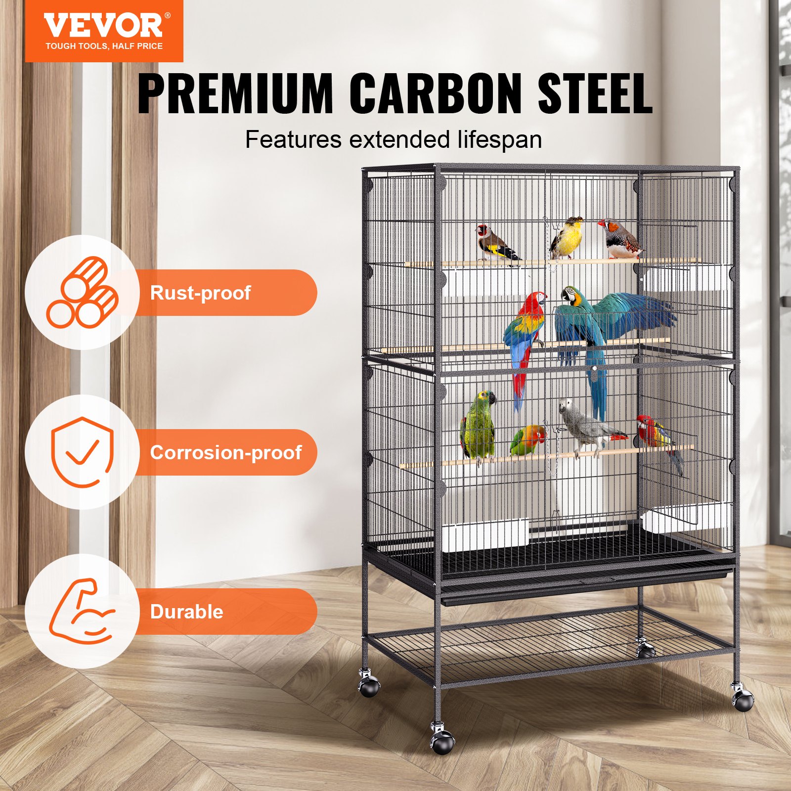VEVOR Jaula para pájaros grande de 52 pulgadas, jaula para pájaros de acero al carbono para periquitos, cacatúas, loros, guacamayos con soporte rodante y bandeja