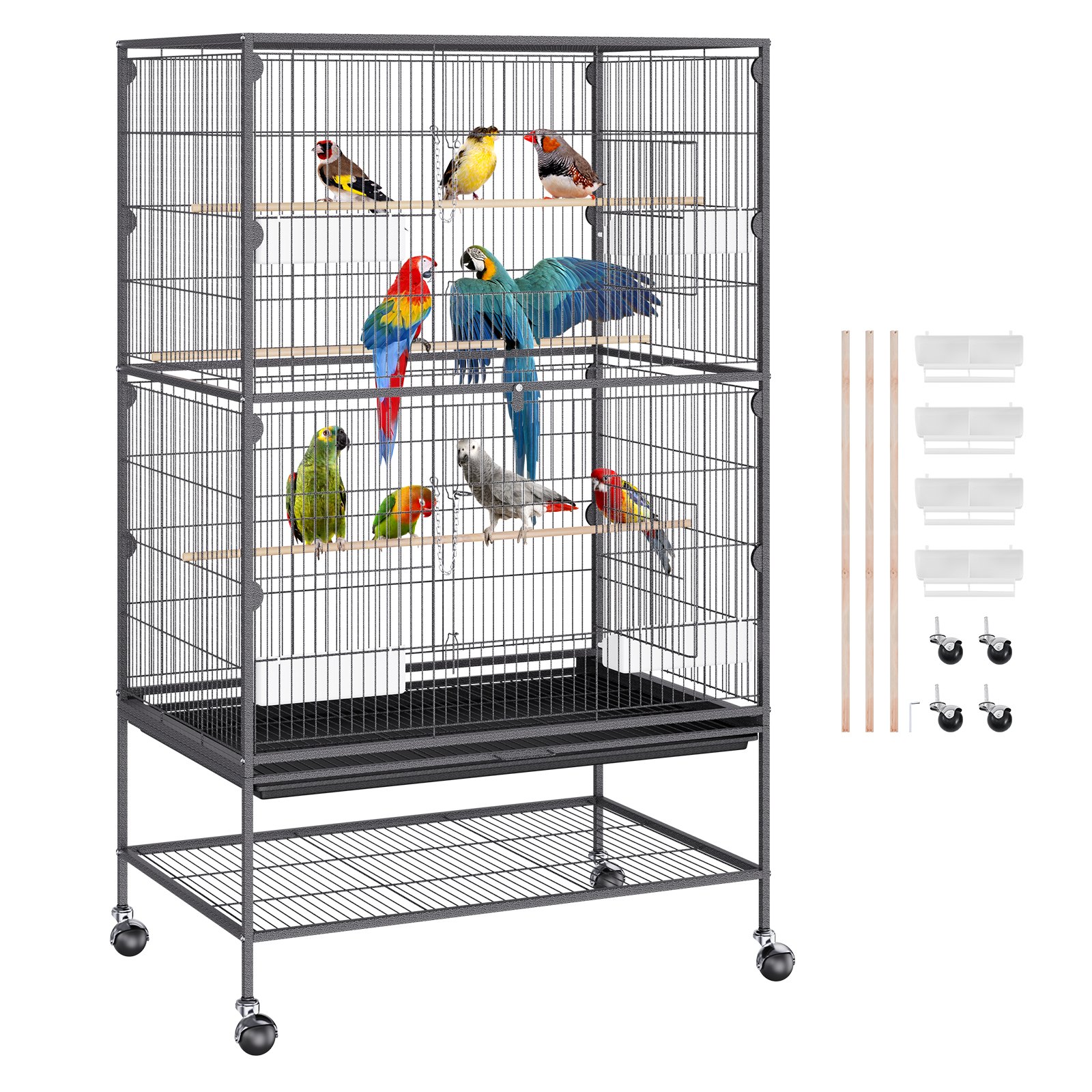 VEVOR Jaula para pájaros grande de 52 pulgadas, jaula para pájaros de acero al carbono para periquitos, cacatúas, loros, guacamayos con soporte rodante y bandeja