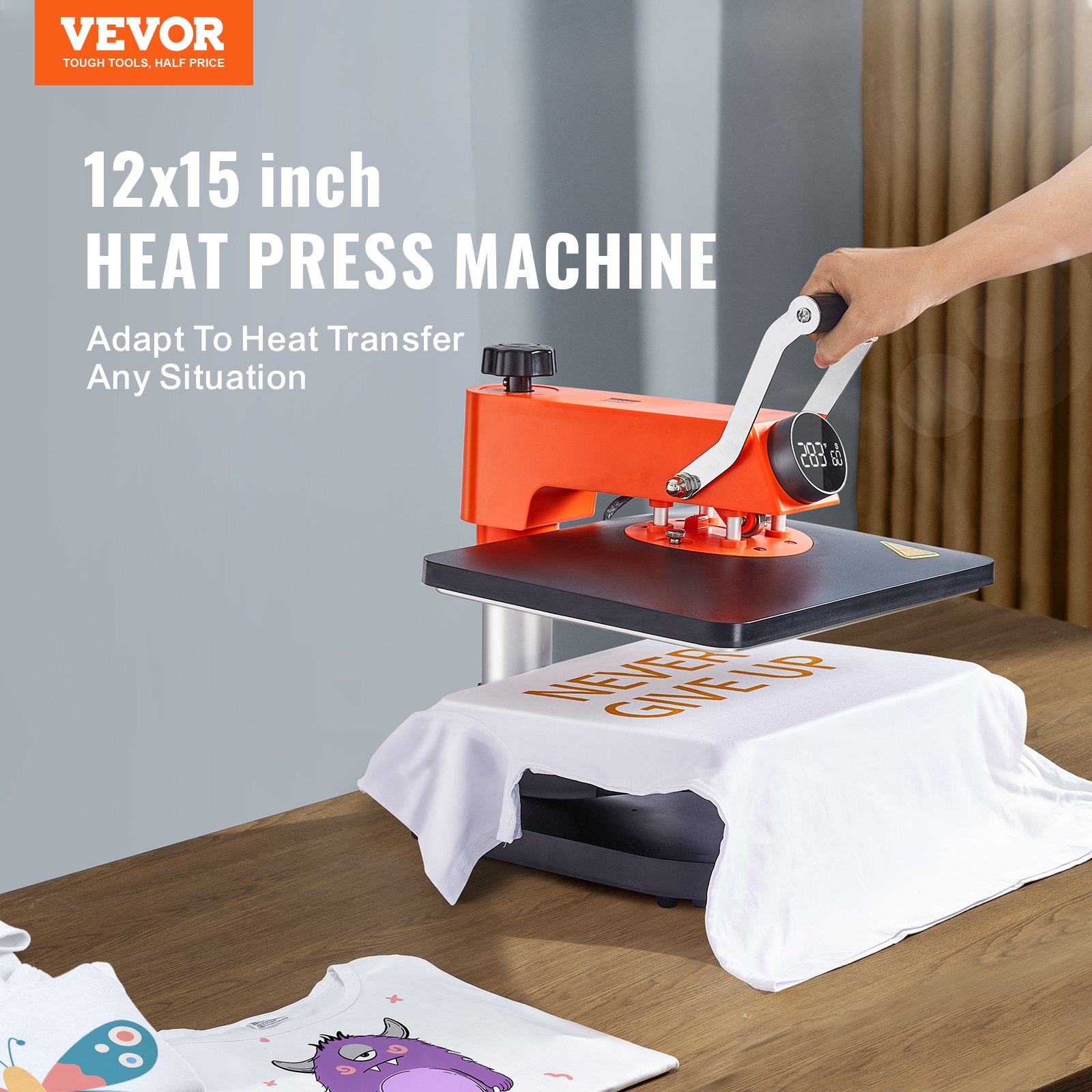 Máquina de prensado térmico VEVOR para impresión de camisetas, 12 x 15 pulgadas, prensado manual en máquina de transferencia de calor.
