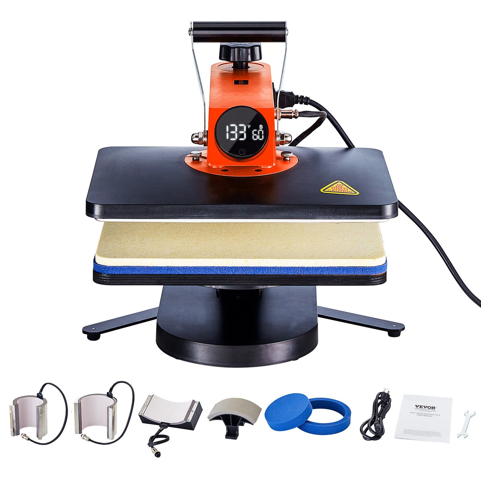Máquina de prensado térmico VEVOR con pantalla digital, accesorios y complementos.